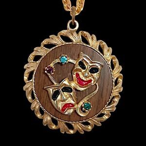 Vintage Comedy Tragedy Mask Necklace MCM Gold Tone Rhinestones Mardi Gras 70s